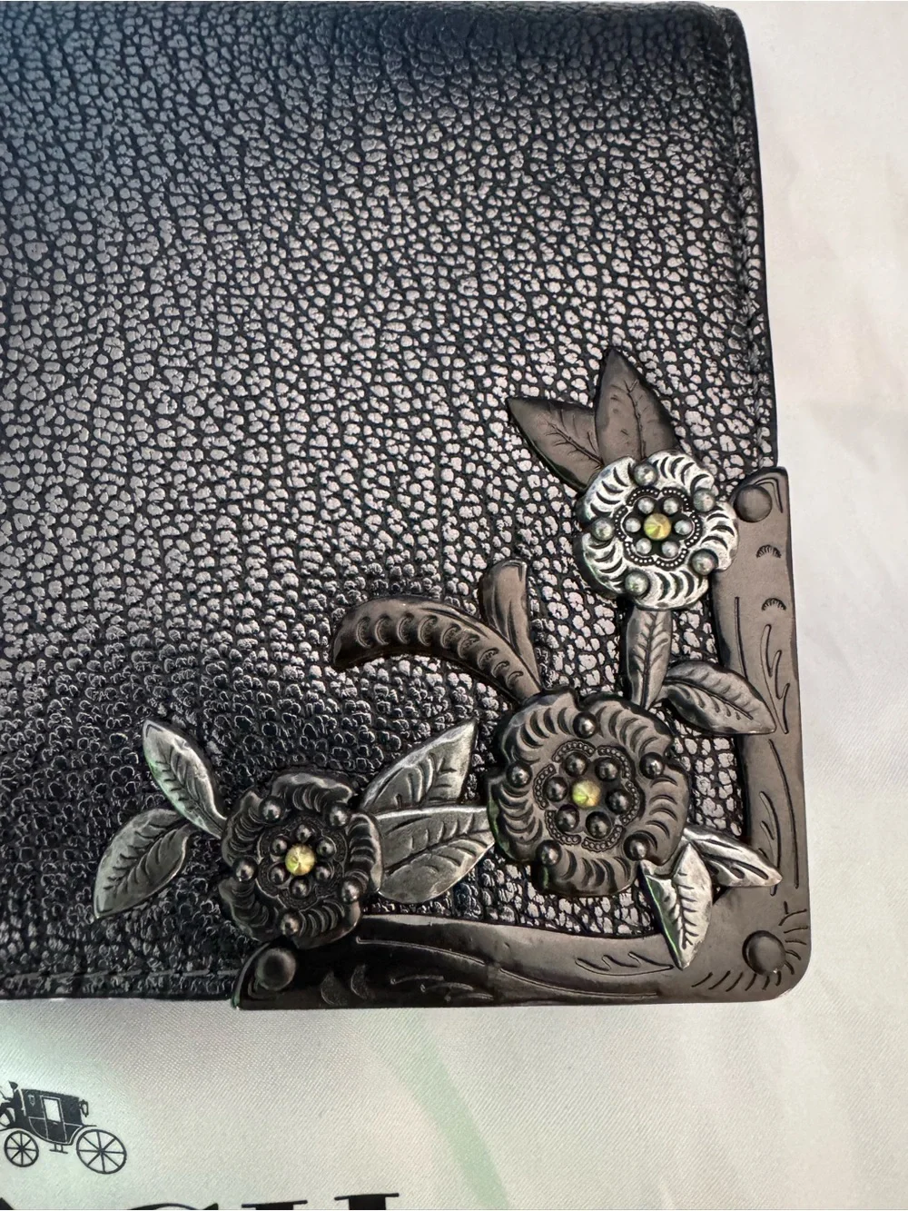 COACH Metallic Pewter Floral Appliqué Leather Foldover Chain Clutch